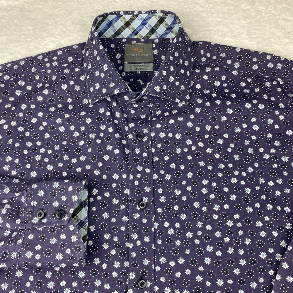 Thomas Dean Shirt Men's XL Purple w/Geometric Graphics Flip Cuffs